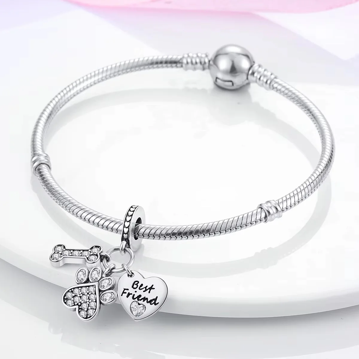 Dog Bone Paw Print Best Friend Charm Hallmarked S925 Sterling Silver - Image 3